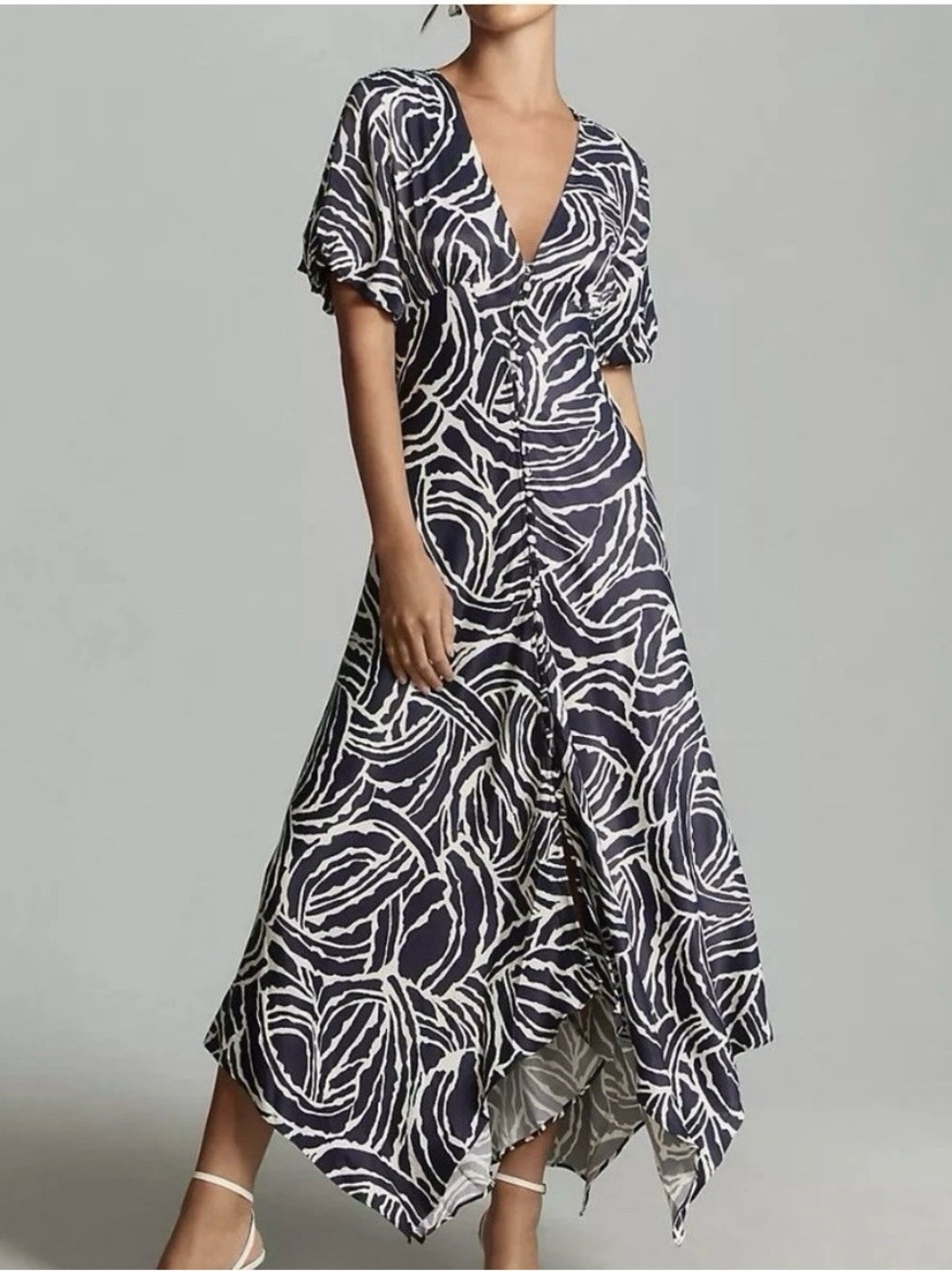 By Anthropologie Short-Sleeve V-Neck Button-Front Midi Dress Print
Navy White